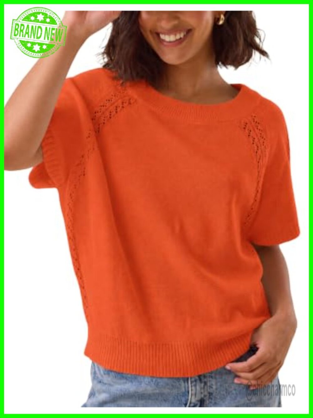 Women Crochet Knit Short Sleeve Crew Neck Pullover Sweater Top